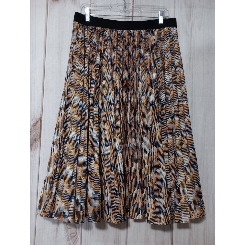 Geometric Print‎ Pleated Midi Skirt - Elastic Waist - Neutral Tones
